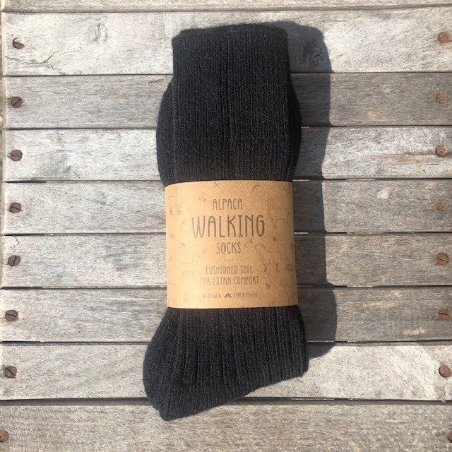 Alpaca walking socks, 75% Alpaca wool. Thick socks with a cushioned sole. Jet Black